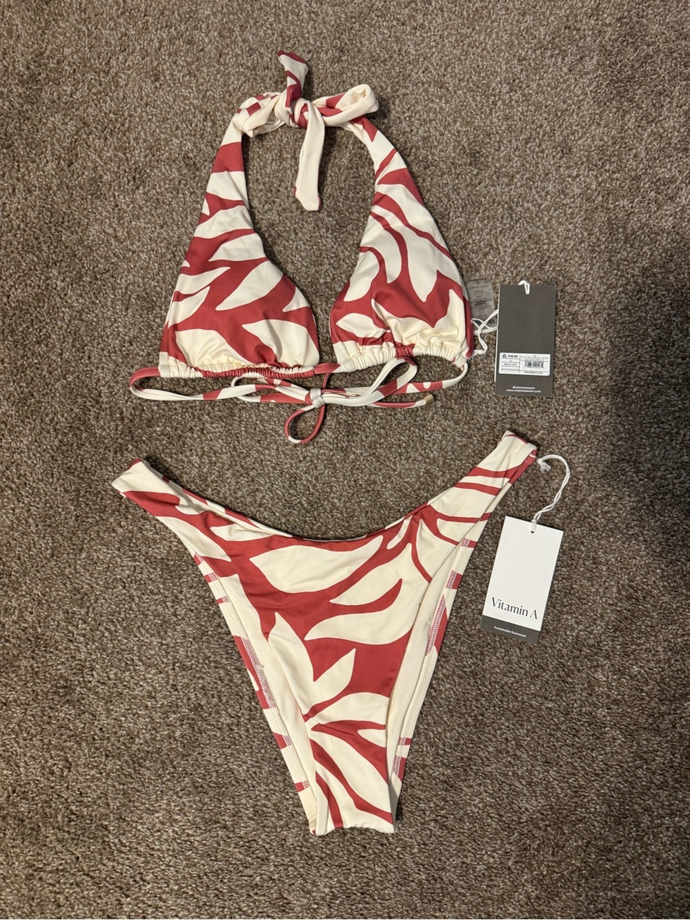 Vitamin A Red & Cream Print Halter Triangle Bikini